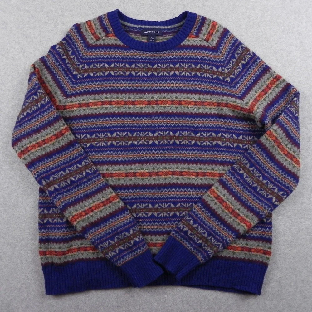 Lands End Sweater Mens Large Wool Blend Pullover Knit Blue Fair Isle Long Sleeve